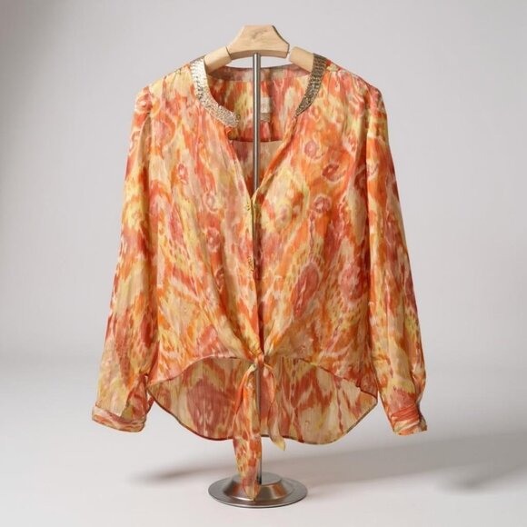 Chico’s Orange Sheer Tie-Front Blouse | Size M Embellished Button-Up Top - Picture 3 of 16
